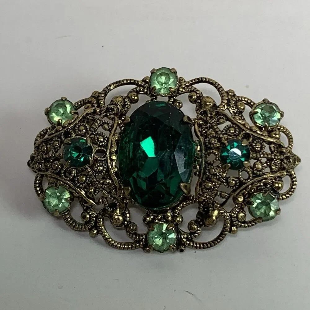 Vintage Brooch Czech Gold Tone Filigree Pin Green Stones Ornate Jewelry 1.25”